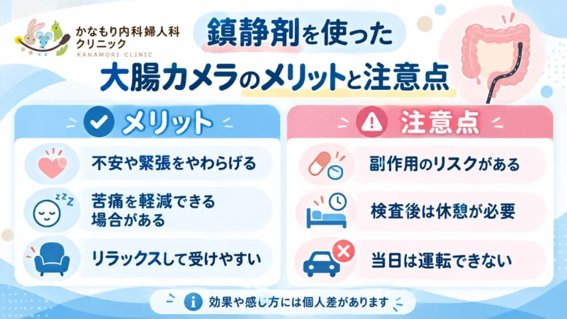 鎮静剤を使った大腸カメラのメリットと注意点 鎮静剤を使った大腸カメラのメリットと副作用、休憩や当日の運転制限を比較した図解