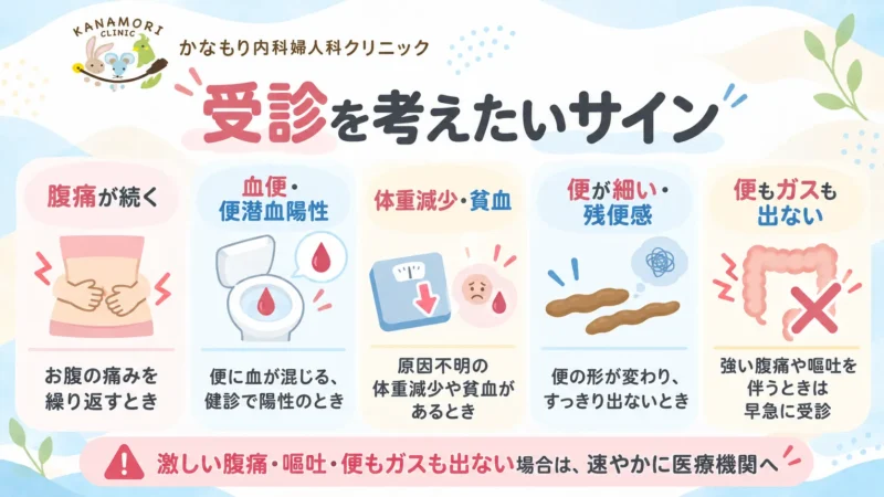 便秘と下痢を繰り返す際に注意したい腹痛、血便、体重減少や貧血、便の形の変化、便やガスが出ない状態の図解