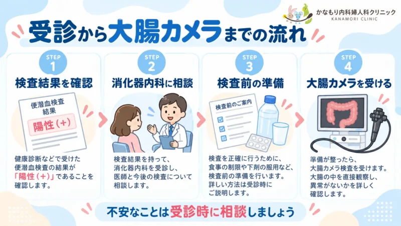 便潜血陽性後、検査結果の確認、医師への相談、前処置、大腸カメラ検査までの4ステップを示す図