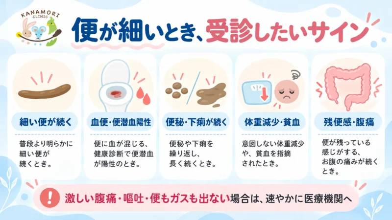 細い便が続く、血便や便潜血陽性、便秘と下痢、体重減少や貧血、残便感や腹痛などの受診サインをまとめた図解